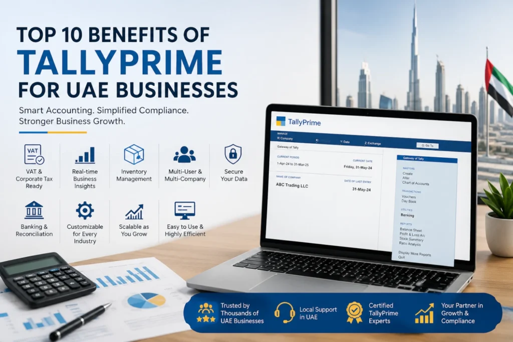 Business owner using TallyPrime accounting software to manage VAT, inventory, and finances for a UAE business.